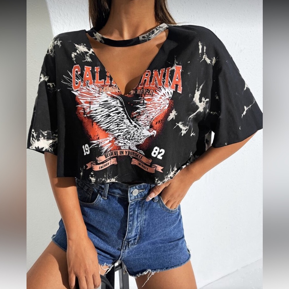 Black Graphic Crop Top with Eagle Design